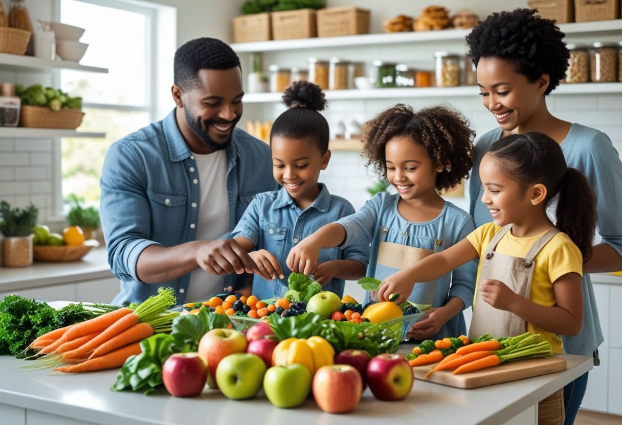 A family with children choosing fresh fruits and vegetables together in a kitchen.
