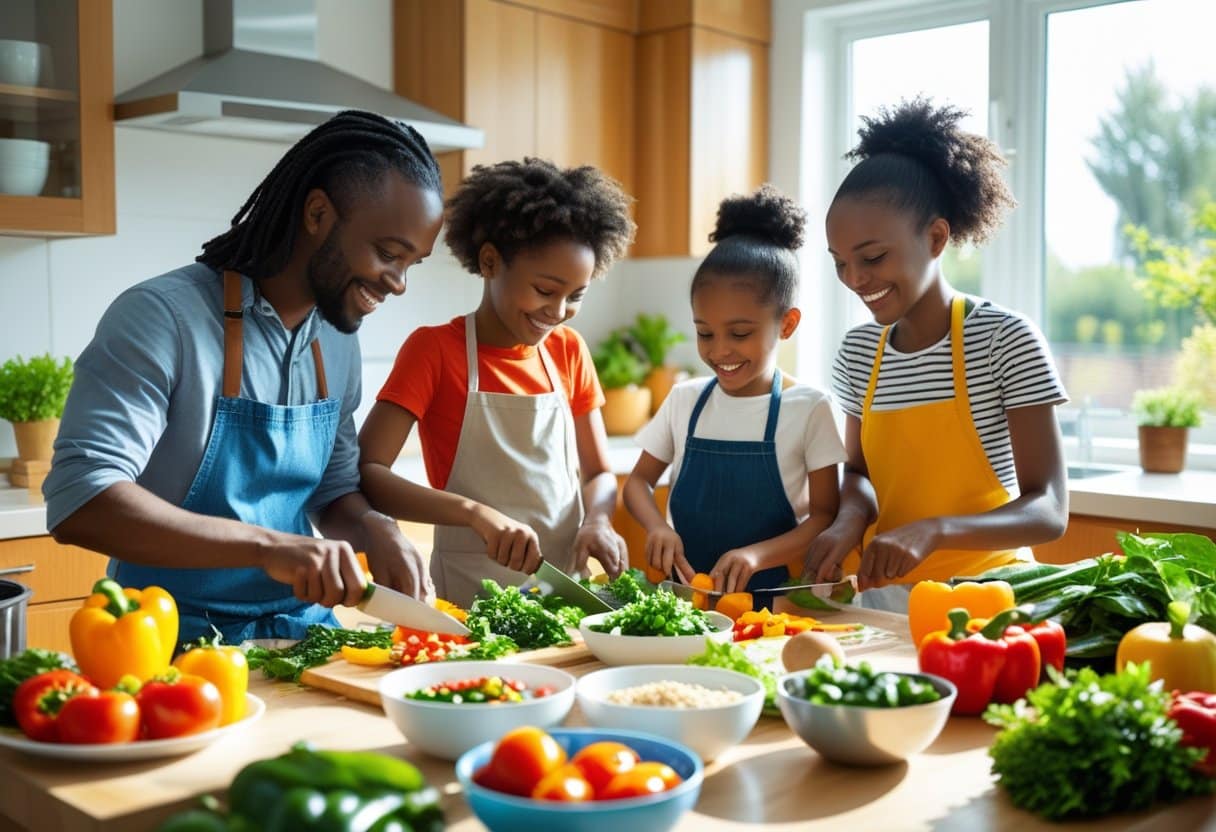 A family of four cooking a healthy meal together in a bright kitchen with fresh vegetables on the counter.