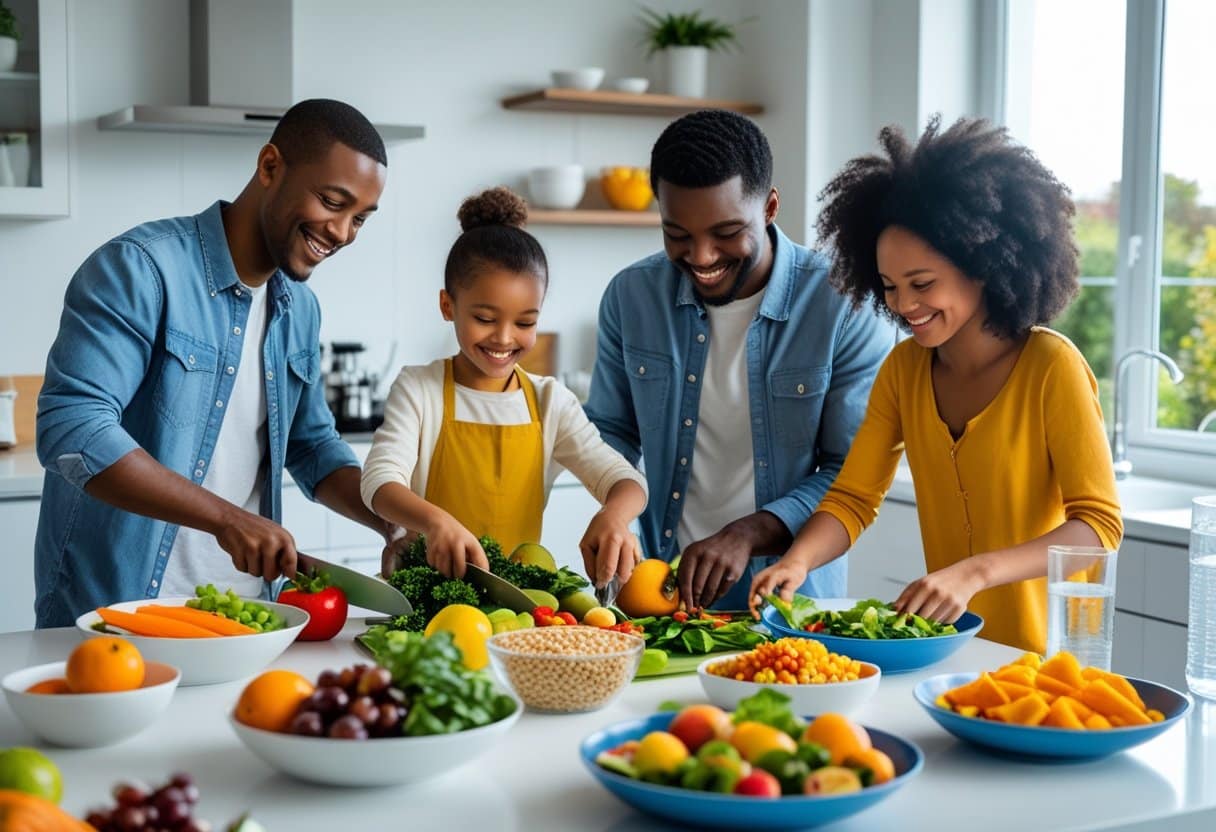 A family of four preparing a healthy meal together in a bright kitchen with fresh fruits and vegetables.