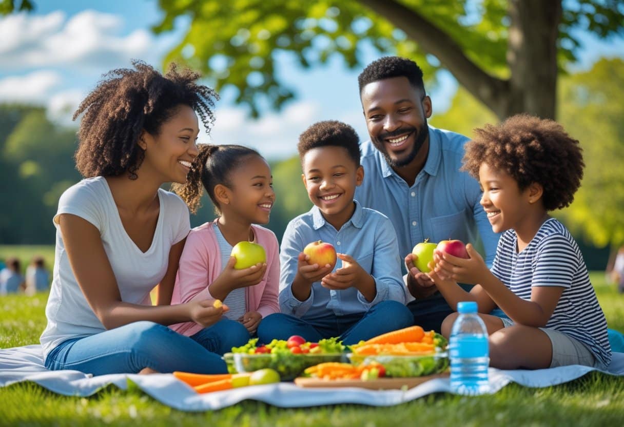 A happy family with parents and two children enjoying healthy food and outdoor activities in a sunny park.