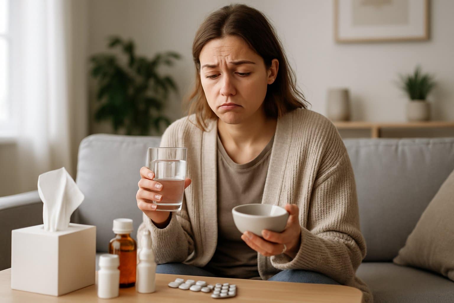 A young woman sitting on a couch looking tired and unwell, holding a glass of water and a small bowl, with medications on a nearby table.