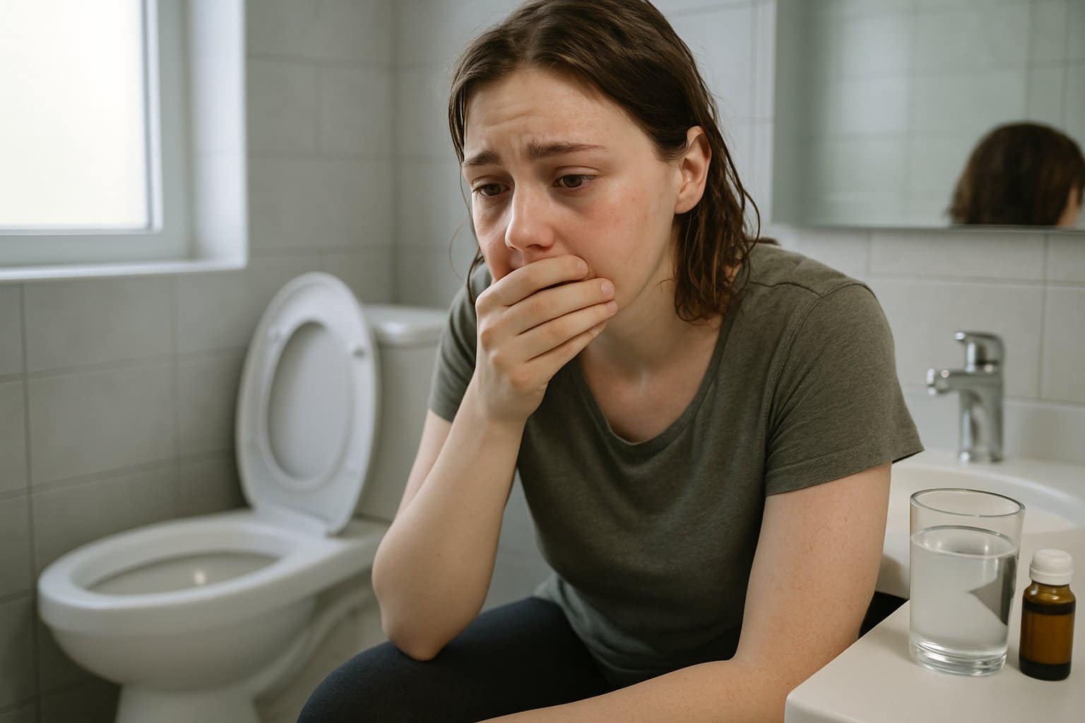A young adult sitting on the edge of a bathroom sink looking distressed and fatigued, with a toilet and bathroom mirror visible nearby.