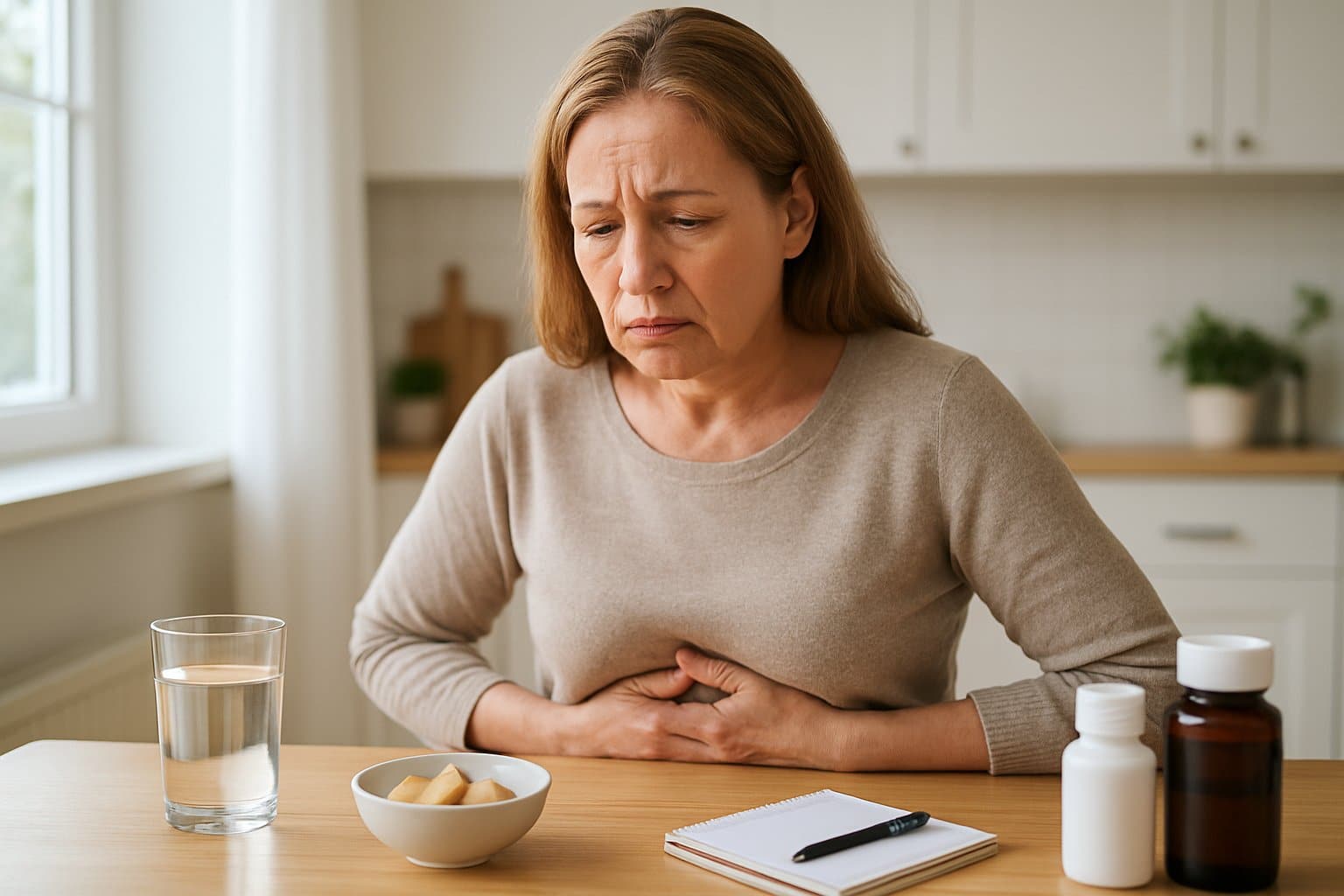 A middle-aged woman sitting at a kitchen table looking unwell and holding her stomach, with a glass of water, ginger slices, and medication bottles nearby.