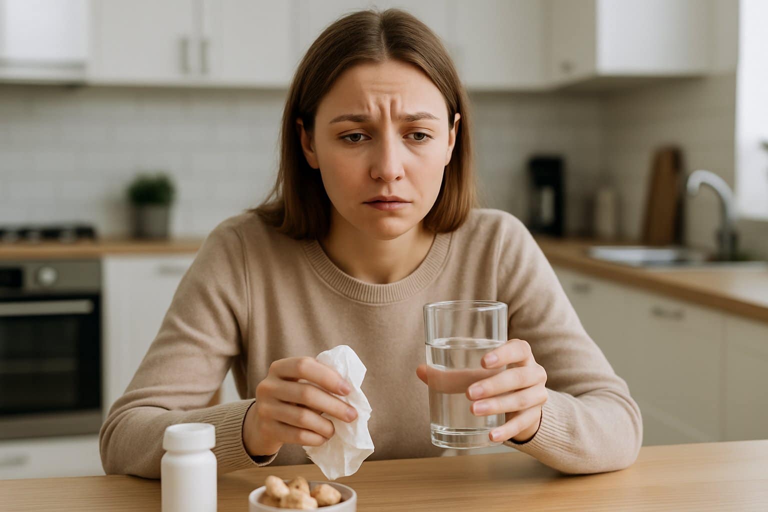 A young woman sitting at a kitchen table looking unwell and holding a glass of water and a tissue.