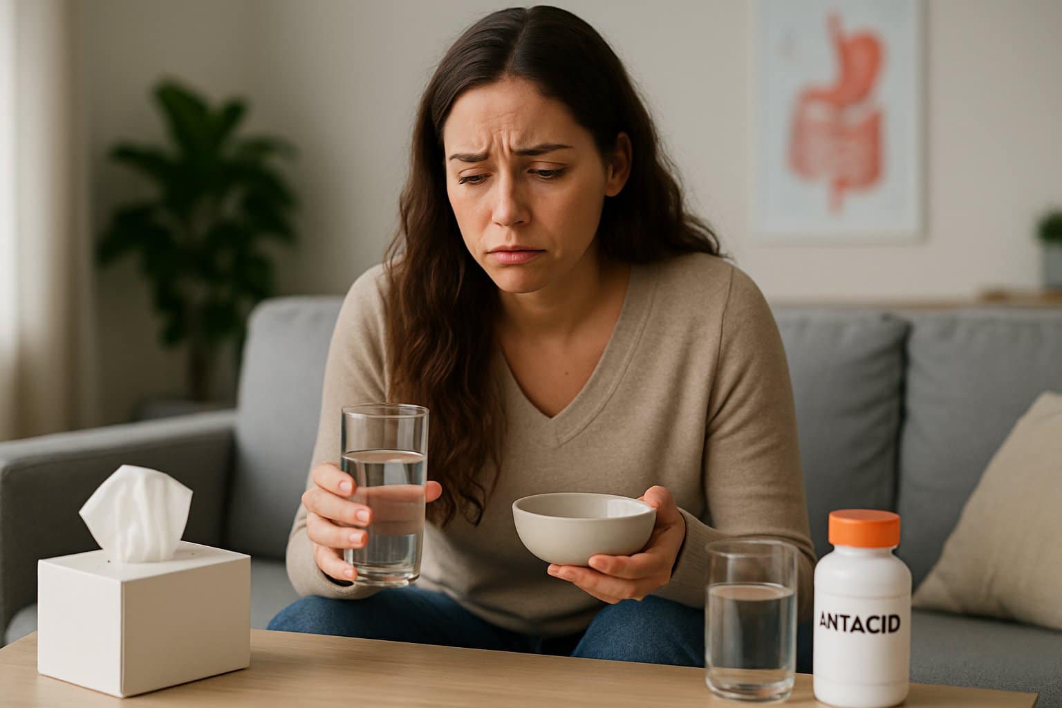 A young woman looking tired and worried sitting on a couch holding a glass of water and a small bowl, with health-related items on a nearby table.