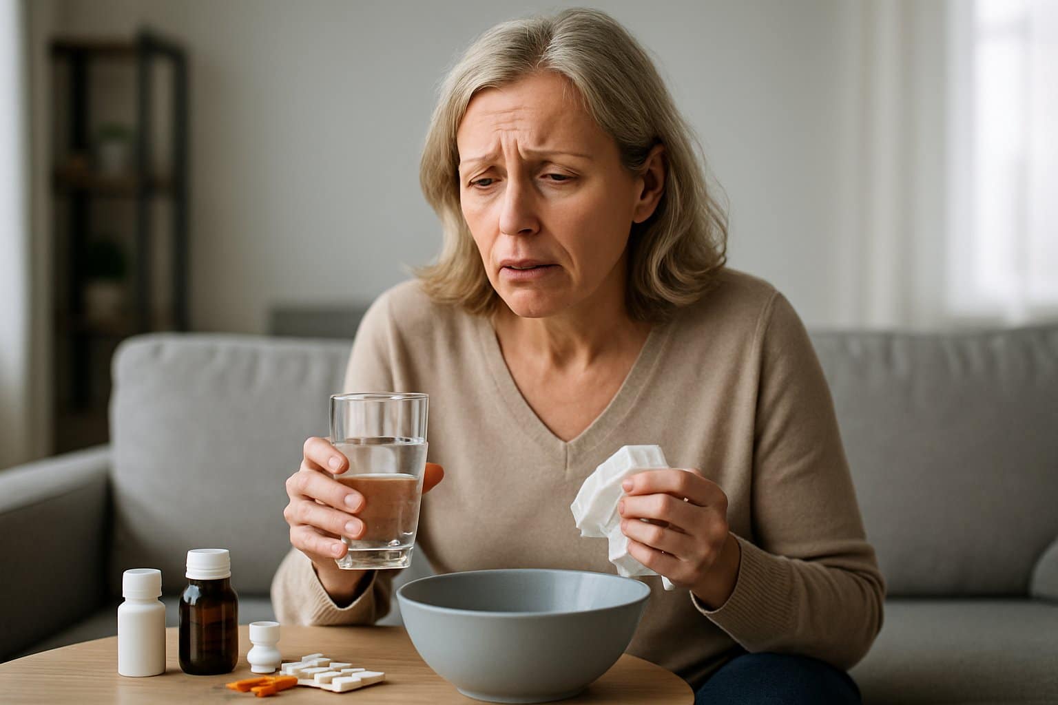 A middle-aged woman sitting on a couch looking distressed, holding a glass of water and a tissue, with medications on a nearby table.