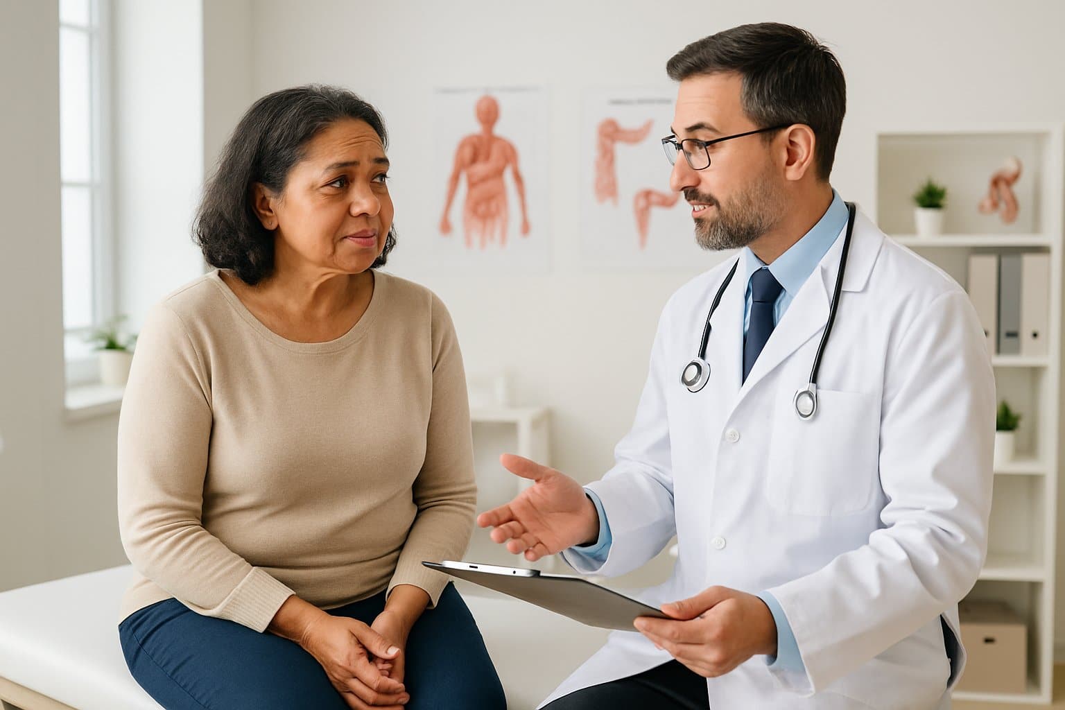 A woman sitting on a medical examination table talking with a doctor in a clinic.