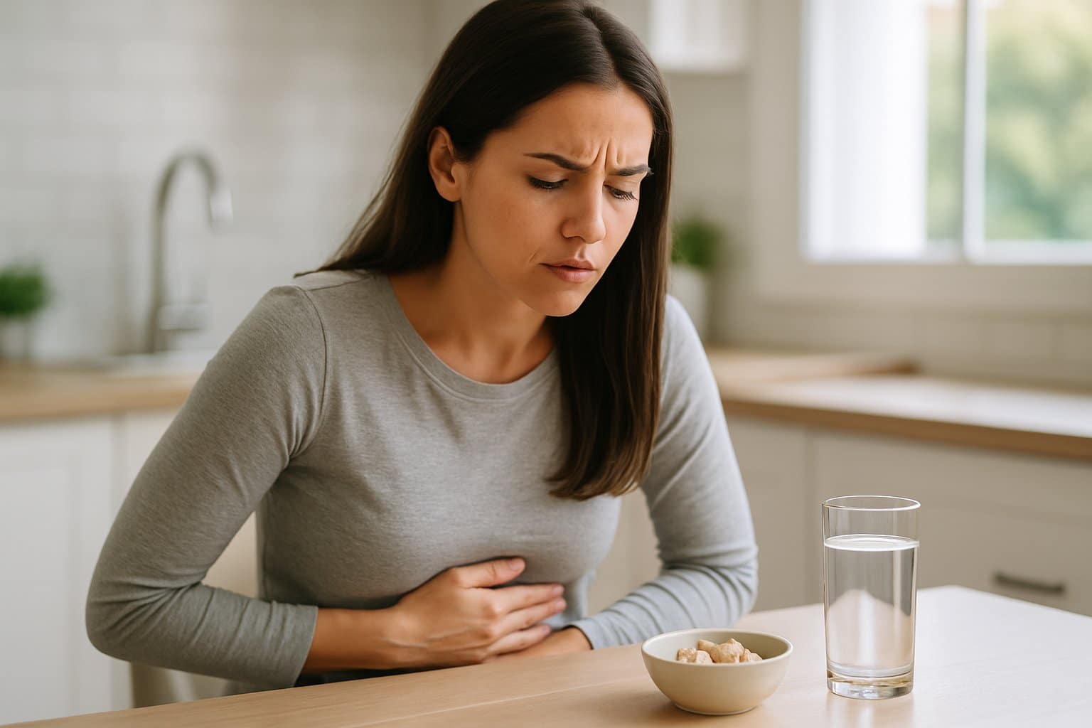 A young woman sitting at a kitchen table looking concerned and touching her stomach.
