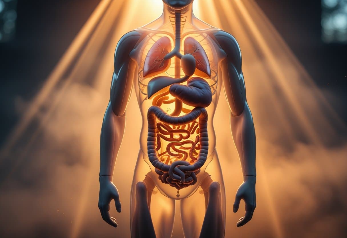 A detailed anatomical view of a human torso with highlighted internal organs, surrounded by soft mist and warm golden light.