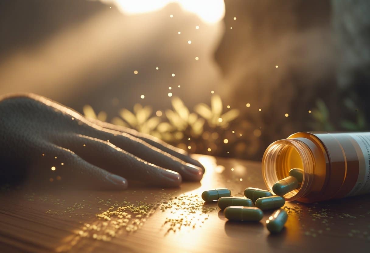 A close-up scene showing a person with natural skin texture near a wooden table with spilled capsules from a pill bottle, illuminated by warm golden-hour light with soft mist and long shadows.