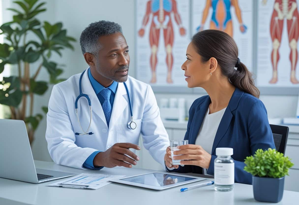 A doctor explains medical information to a patient in a bright medical office, with medical charts and a digital tablet on the desk.