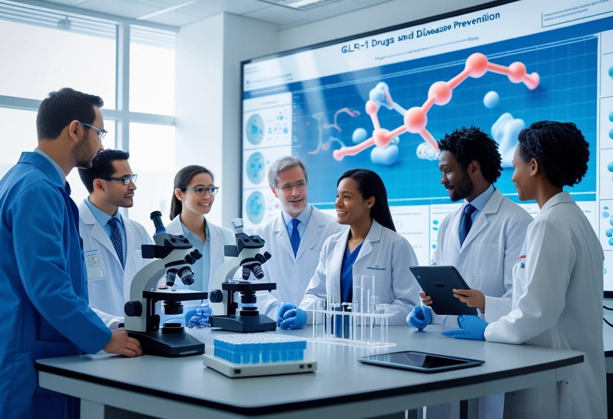 Medical professionals examining molecular models and data in a bright laboratory focused on drug research and disease prevention.
