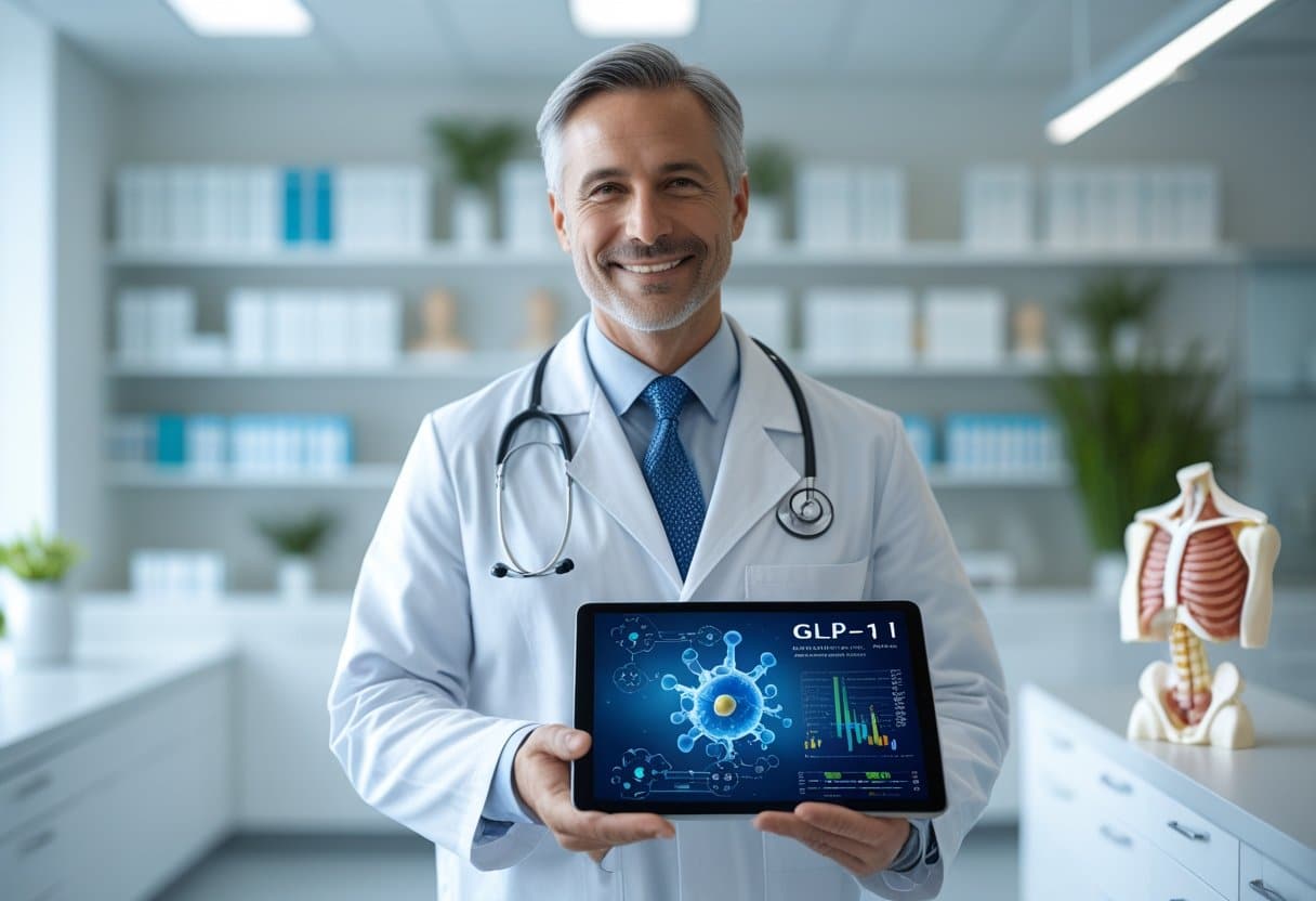 A healthcare professional in a white lab coat holding a tablet with medical data in a modern clinic setting.