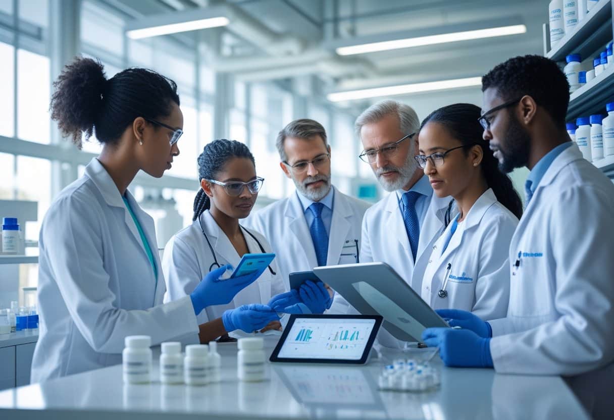 Healthcare professionals in a modern lab reviewing data and pharmaceutical bottles related to GLP-1 drugs for long-term disease prevention.