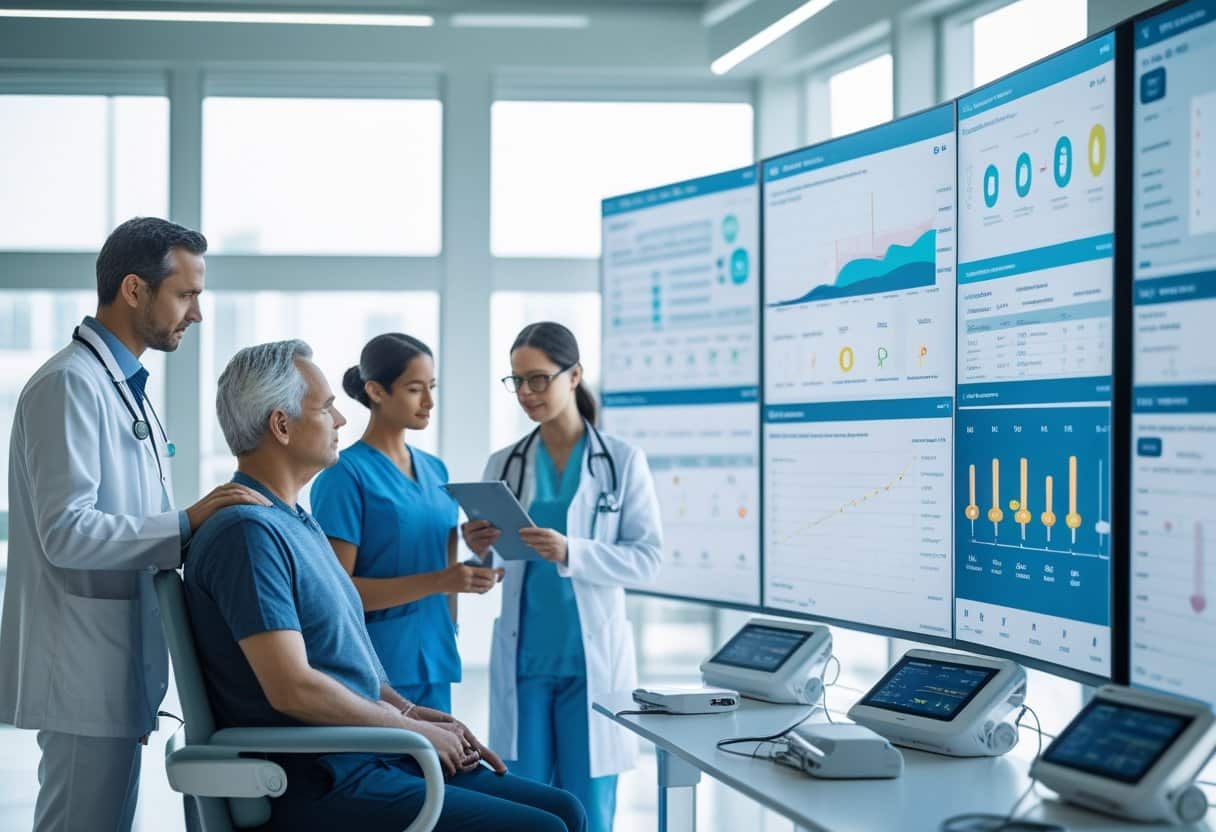 Healthcare professionals reviewing patient data on monitors while a patient undergoes non-invasive health monitoring in a modern medical setting.