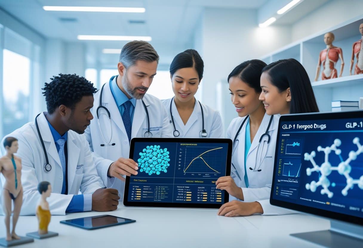Healthcare professionals discussing medication data on a digital tablet in a modern medical office.