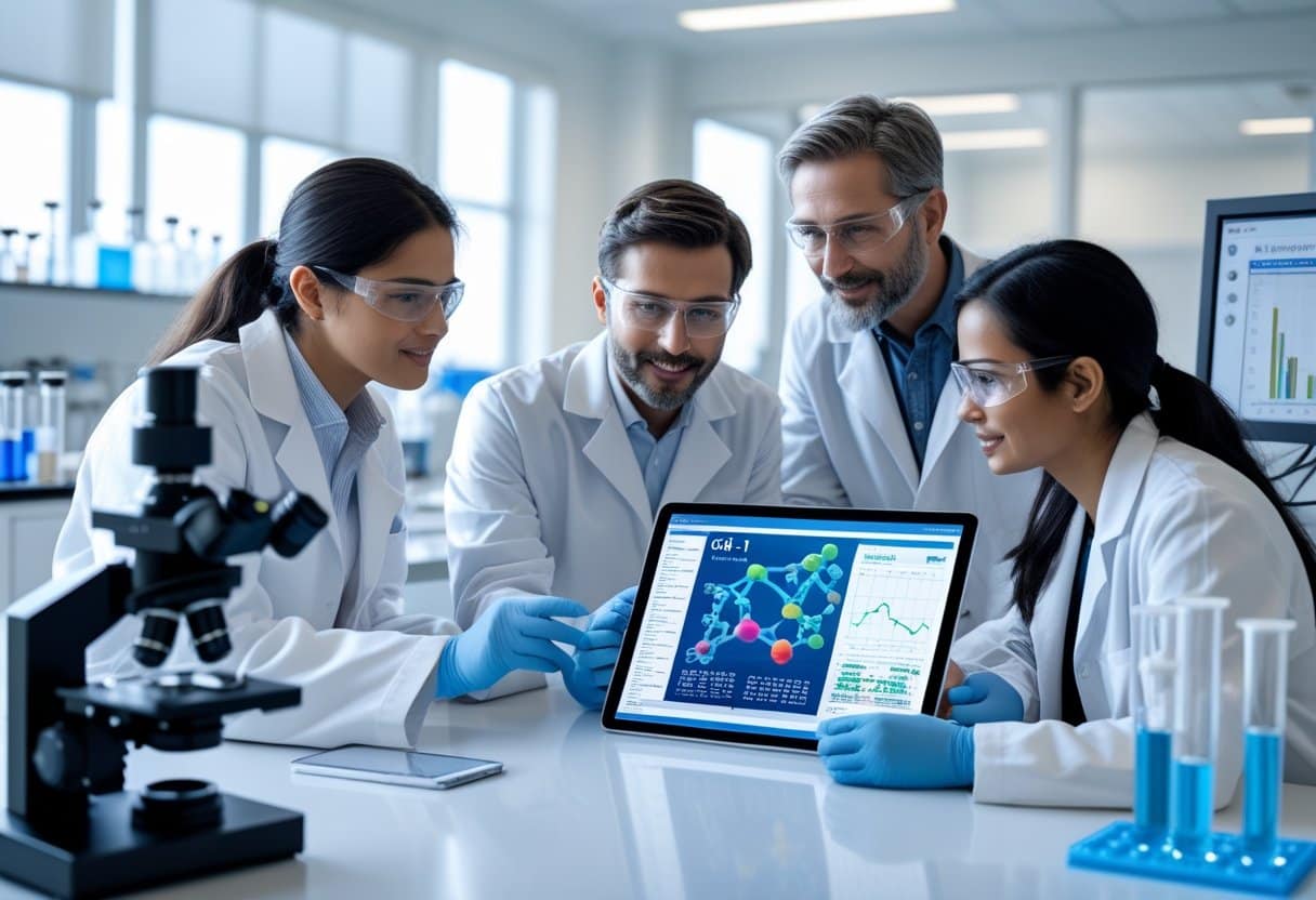 Scientists in a bright laboratory discussing molecular data on a tablet with lab equipment in the background.