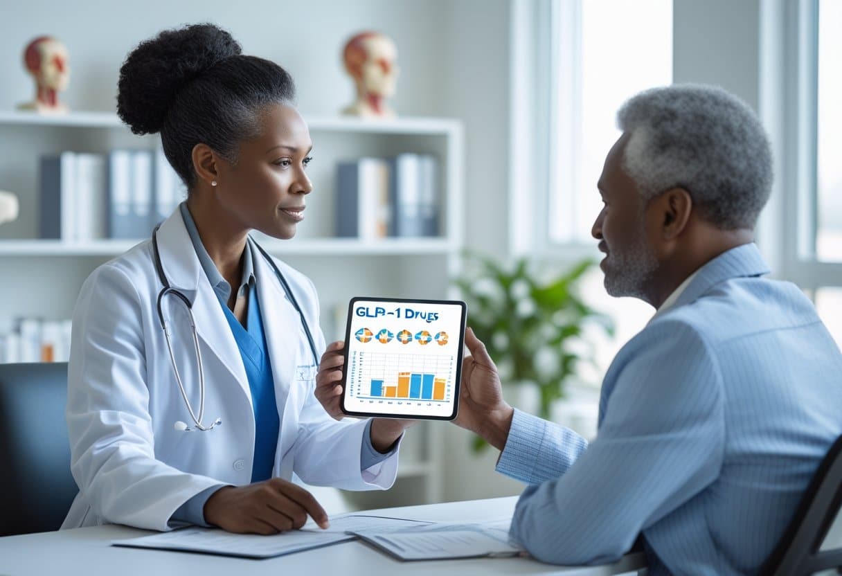 A doctor discussing treatment options with a patient in a bright medical office.