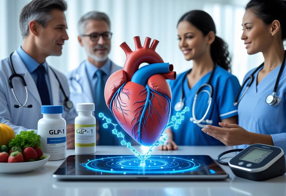 Healthcare professionals discussing heart health with a 3D heart model and symbols representing GLP-1 medication and traditional prevention methods like healthy food and exercise equipment.