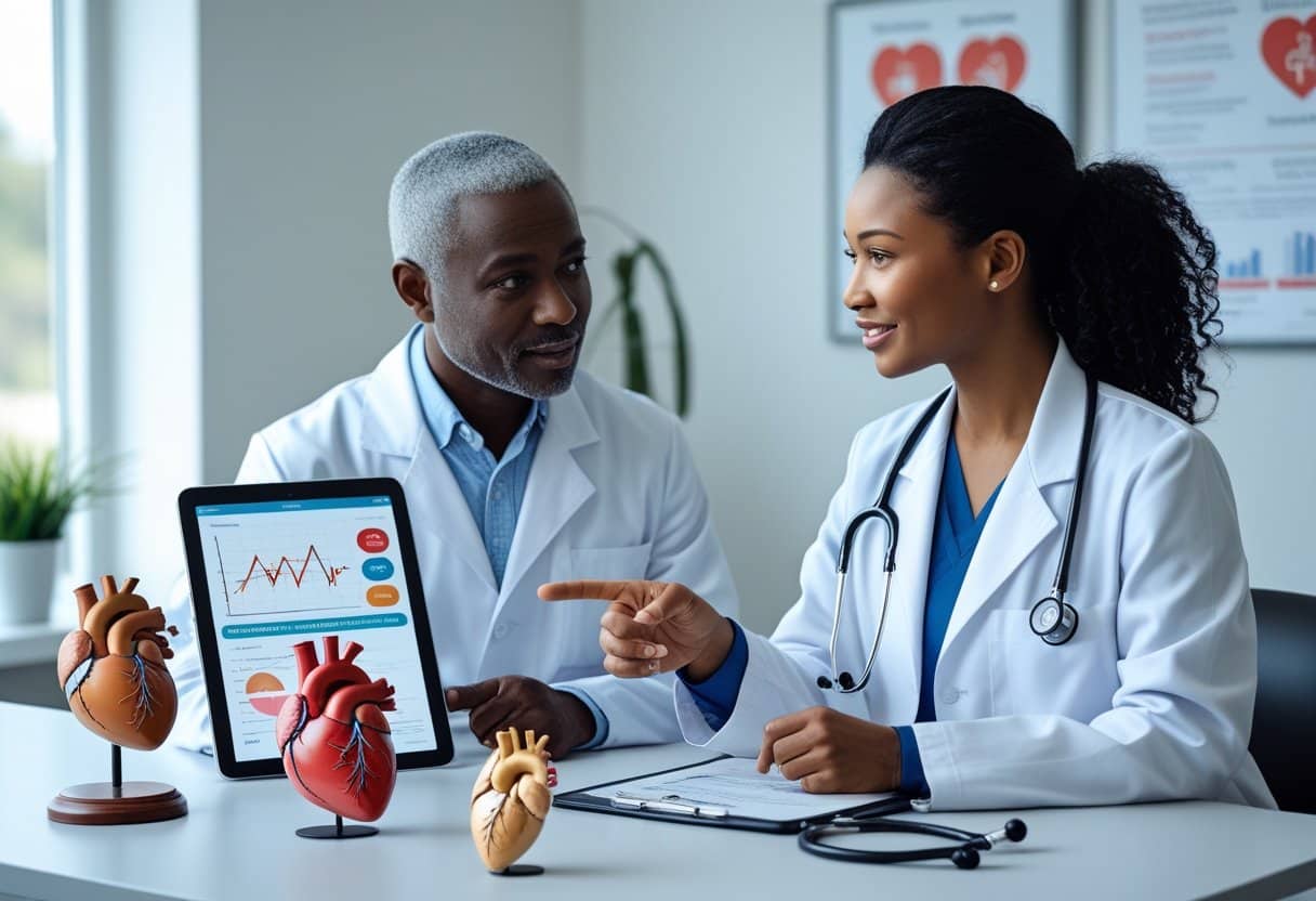 A doctor and patient discussing heart and diabetes health with medical models and a tablet in a clinic.