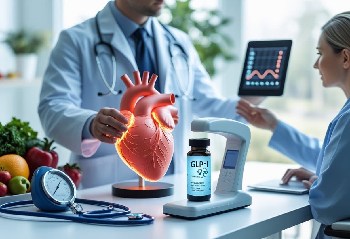 A split scene showing traditional heart health prevention with medical tools and healthy lifestyle on one side, and modern GLP-1 treatment with a healthcare professional and digital devices on the other, centered around a glowing human heart model.