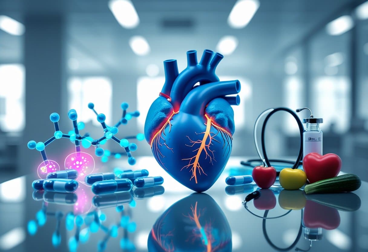 A close-up of a human heart model on a glass table surrounded by medical items representing modern medication and traditional heart health methods.