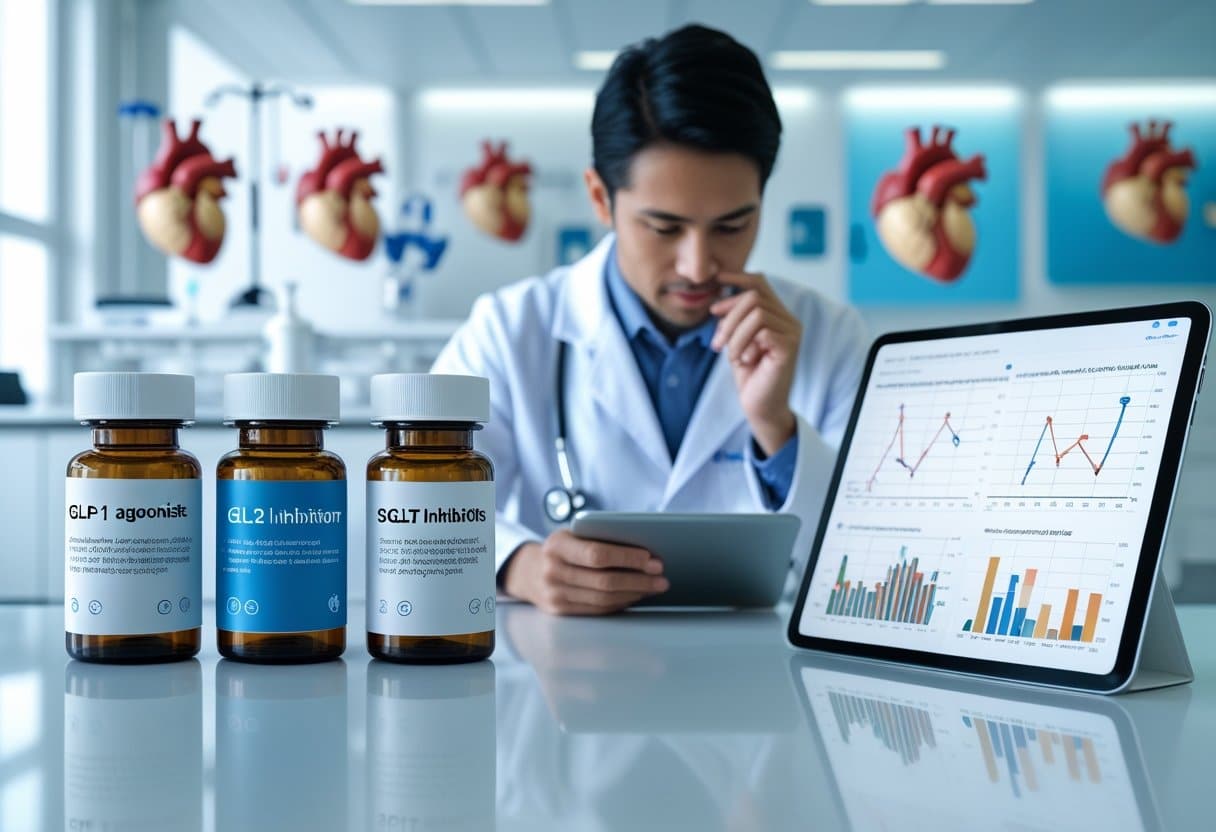 A healthcare professional in a white coat compares two groups of medication bottles in a medical office focused on heart health.