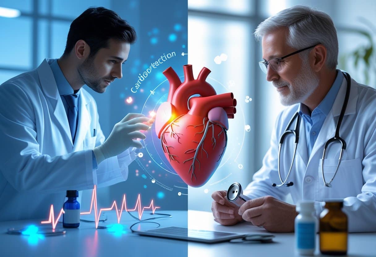 A split-screen image showing a medical researcher examining a digital heart model on one side and a cardiologist with traditional heart health tools on the other, with a glowing heart graphic in the center.