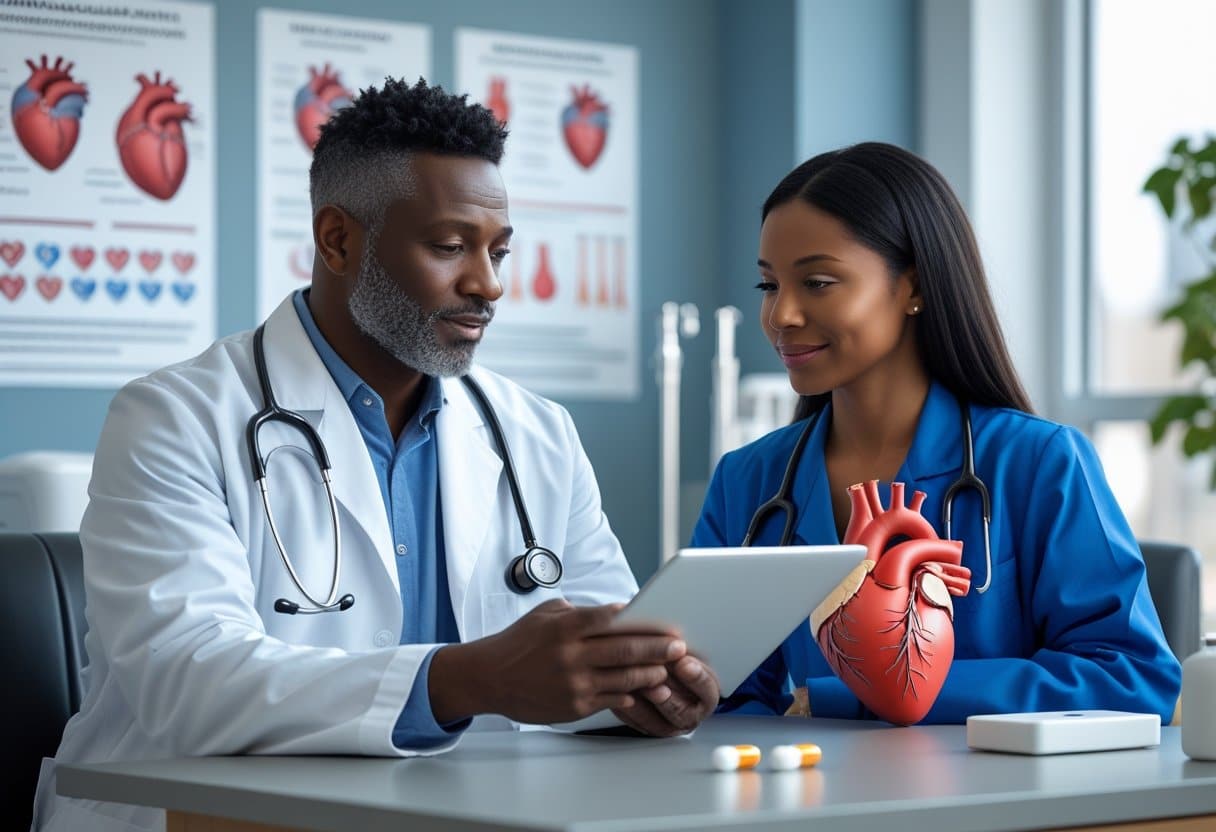 A doctor and patient discussing heart health in a clinic, with heart models and medication on the table.