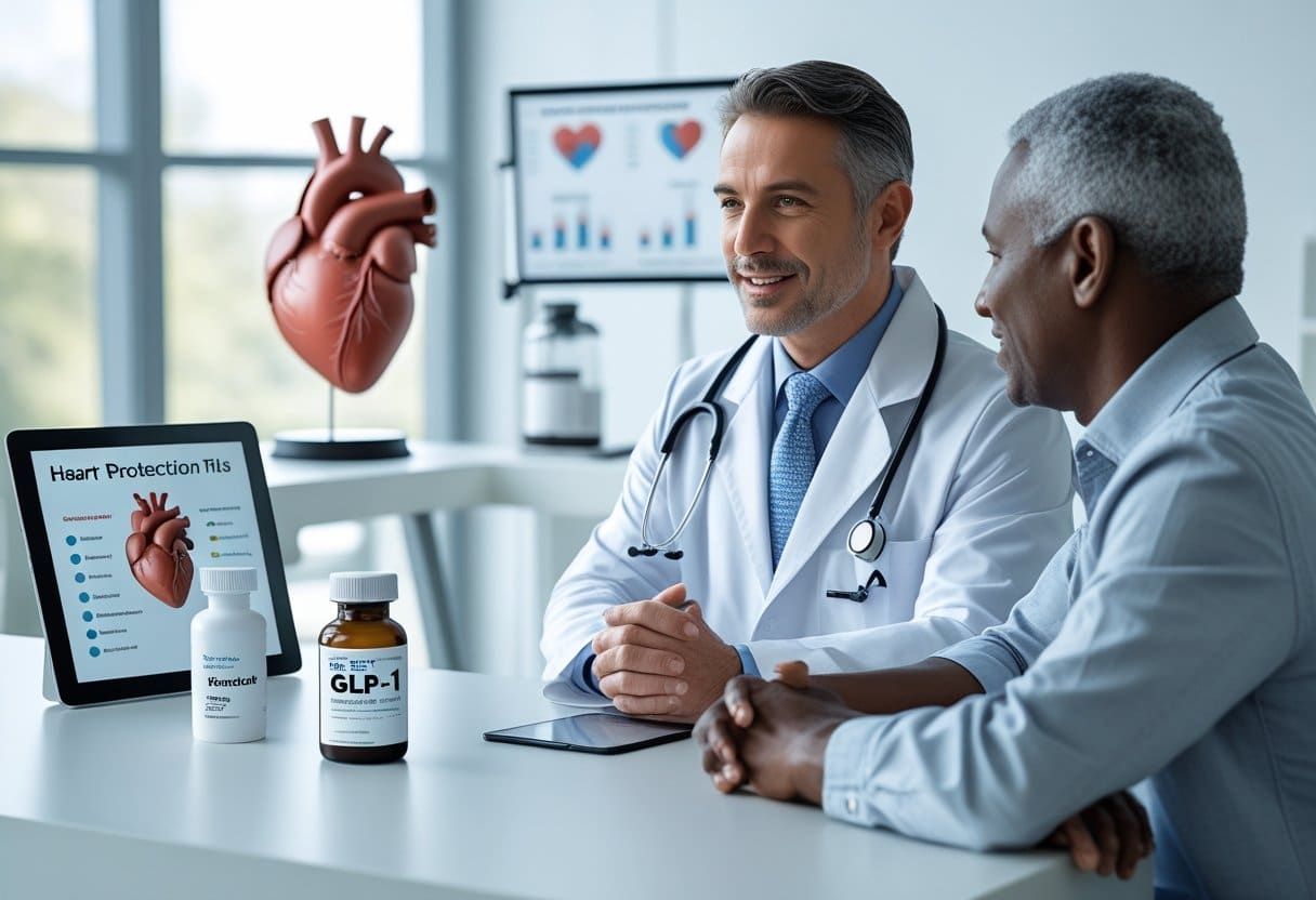A doctor discussing heart health options with a patient in a medical office, with heart models and medication bottles on the desk.