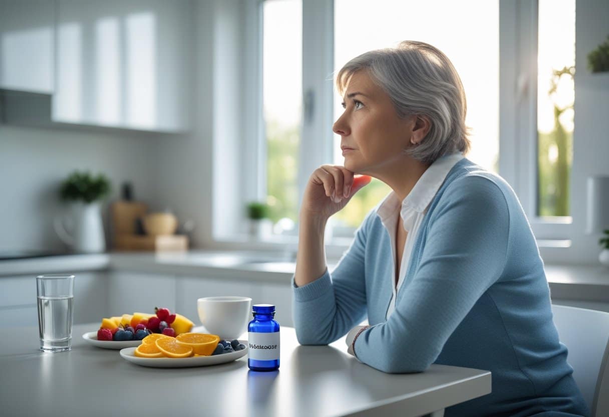 A middle-aged adult sitting at a kitchen table with a pill bottle and glass of water, looking thoughtfully out a window.