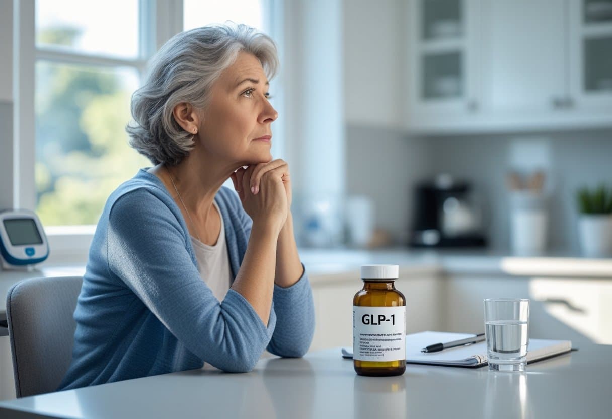 A middle-aged woman sitting at a kitchen table with a bottle of medication, looking thoughtfully out of a window.