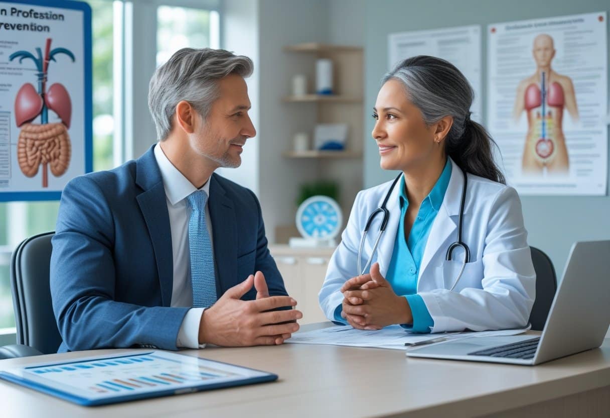 A patient and healthcare professional having a calm discussion in a modern doctor's office with medical charts and a tablet on the desk.