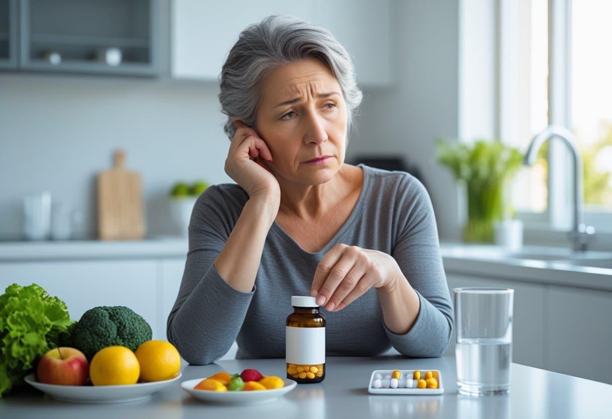 A middle-aged woman sitting at a kitchen table looking thoughtfully at a bottle of medication, with healthy foods and a glass of water nearby.