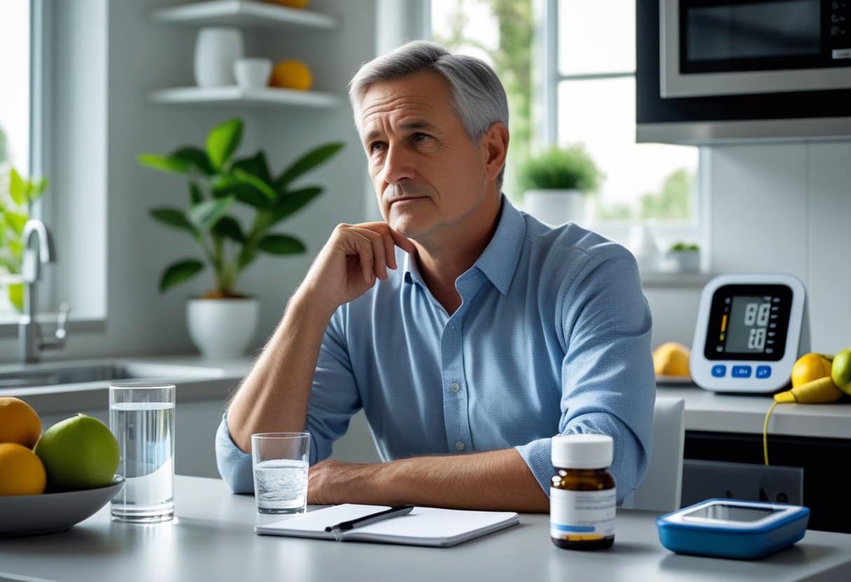 A middle-aged man sitting at a kitchen table looking thoughtful, with medication, a glass of water, fresh fruits, and a blood pressure monitor nearby.