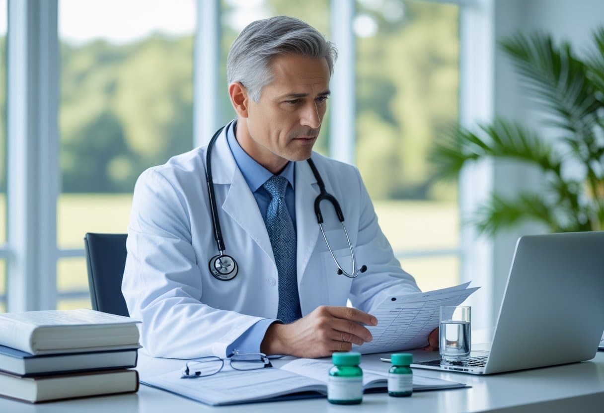 A healthcare professional in a white coat reviewing a patient's chart at a desk with prescription bottles in a bright medical office.
