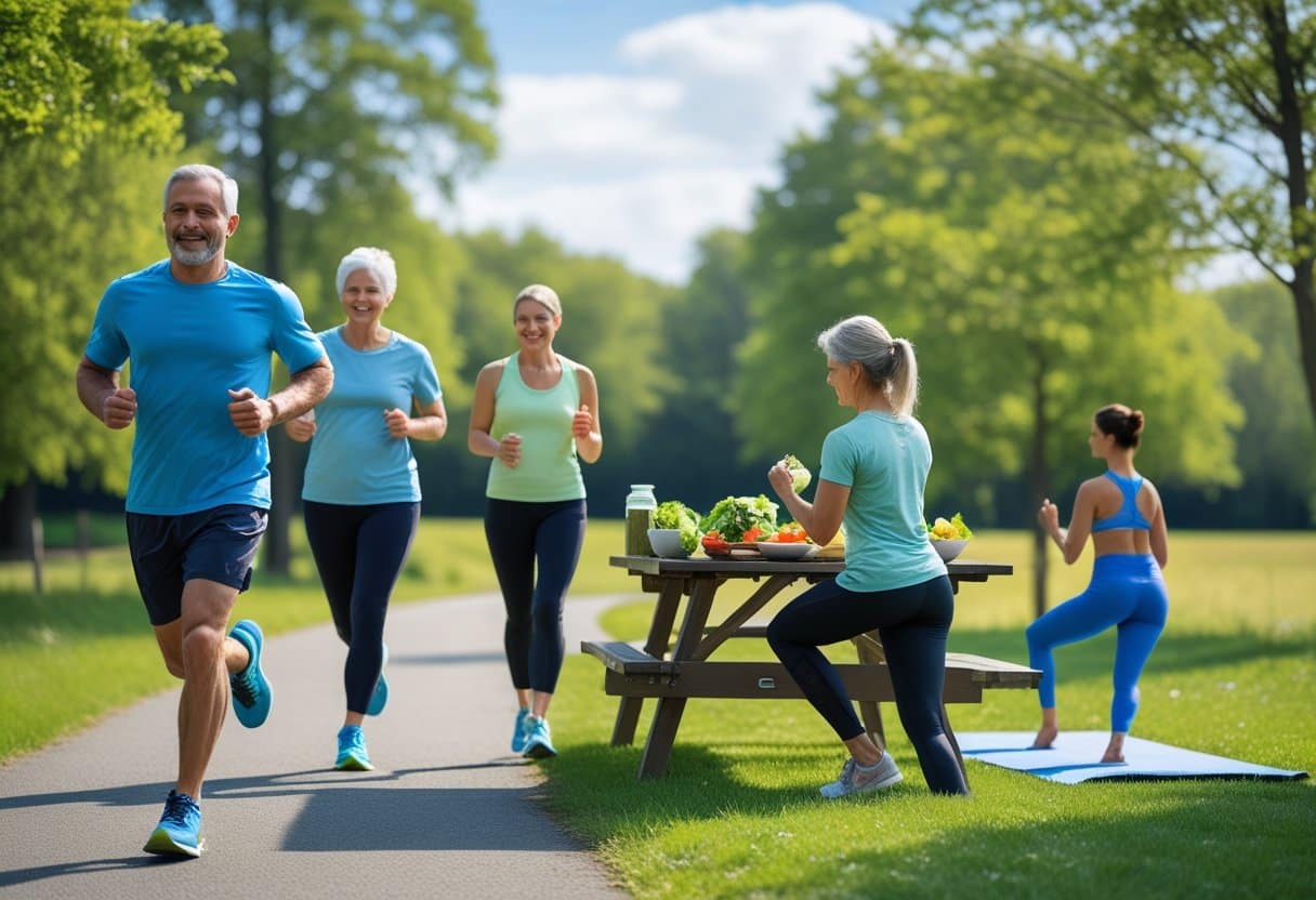 A diverse group of adults jogging, preparing a salad, and doing yoga outdoors in a park with trees and clear skies.