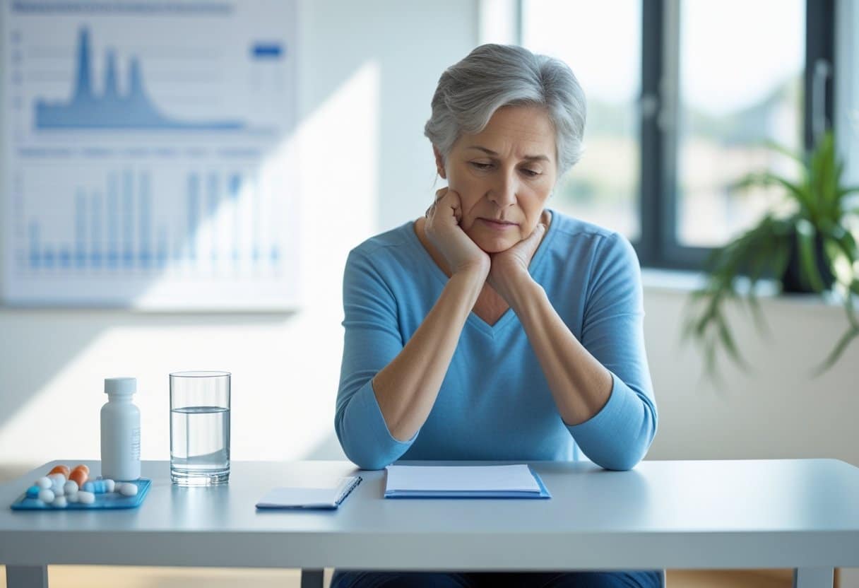 A person sitting at a desk looking thoughtful with medical items nearby in a bright room.