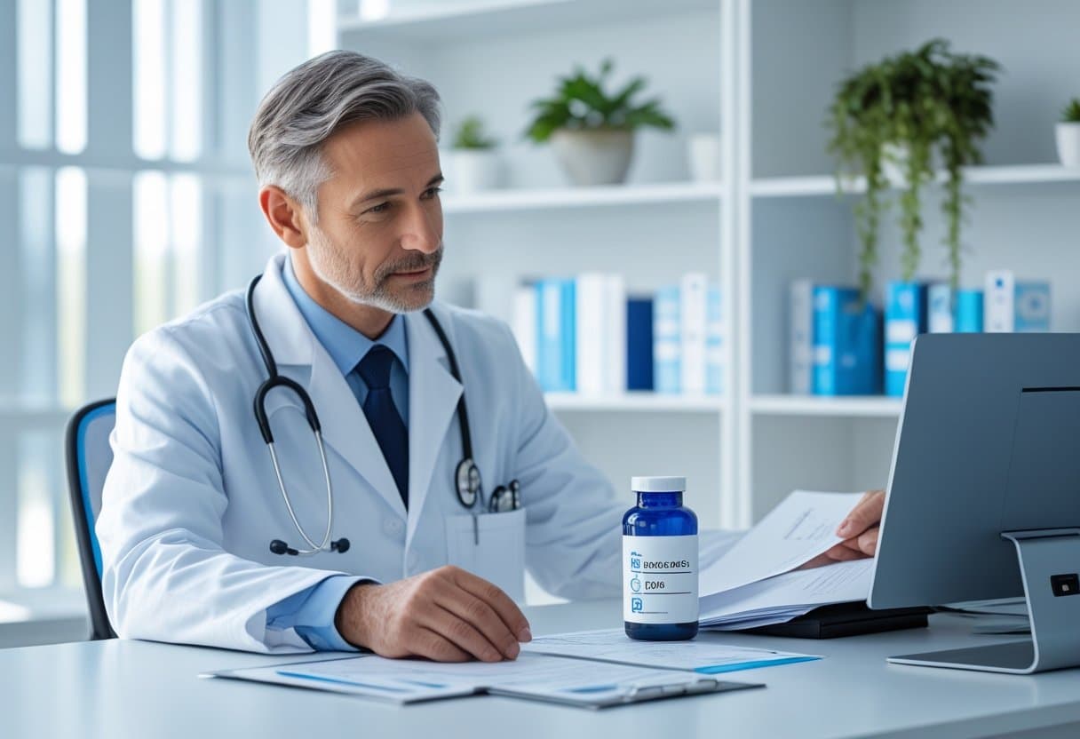 A healthcare professional reviewing medical documents at a desk with a prescription bottle nearby in a medical office.