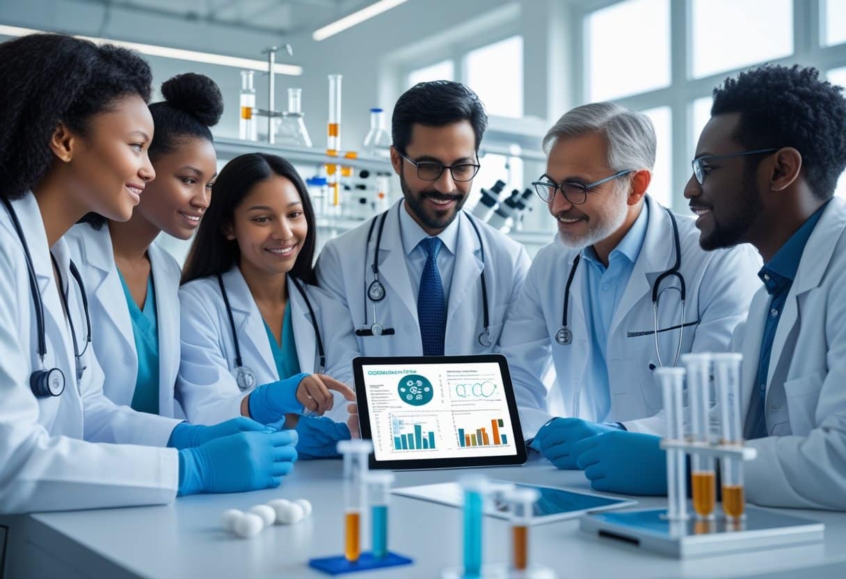 A group of diverse medical professionals discussing data in a bright laboratory with scientific equipment and models related to diabetes.