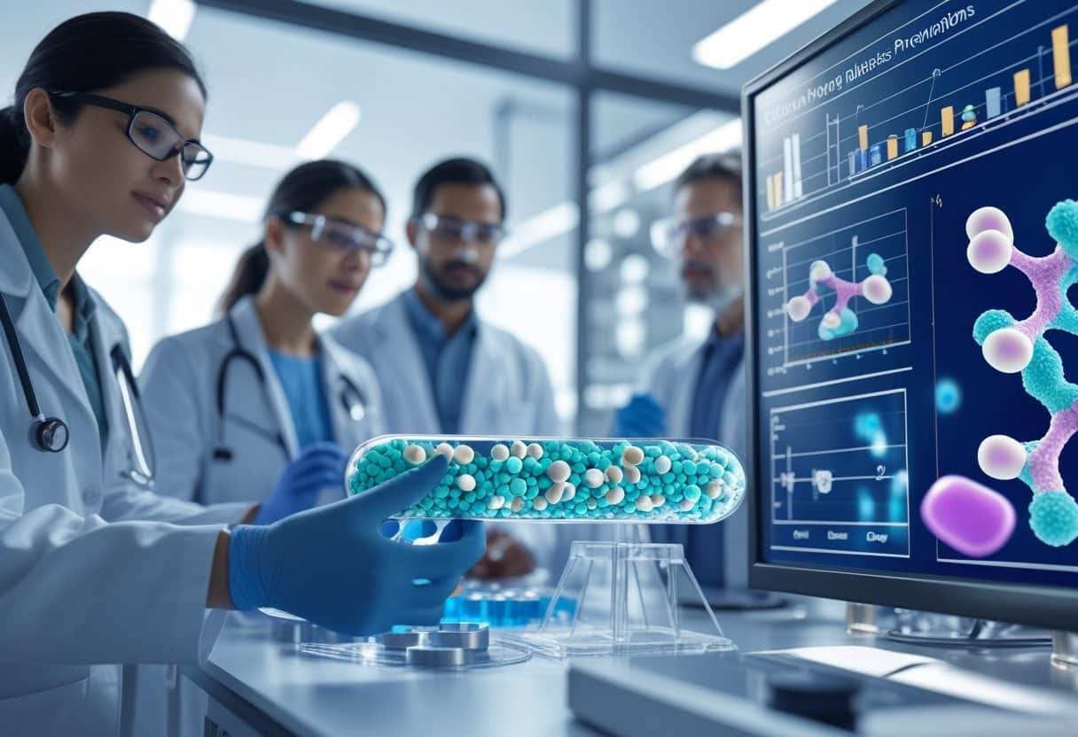 Scientists in a medical lab studying molecular models and digital screens showing GLP-1 drug interactions with pancreatic cells to illustrate diabetes prevention.