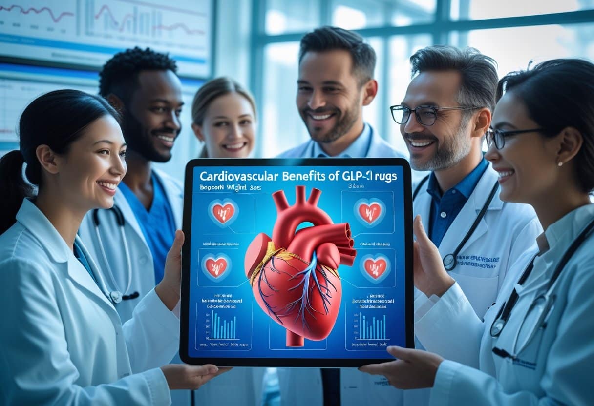 Healthcare professionals examining a 3D heart model on a tablet in a modern medical lab.