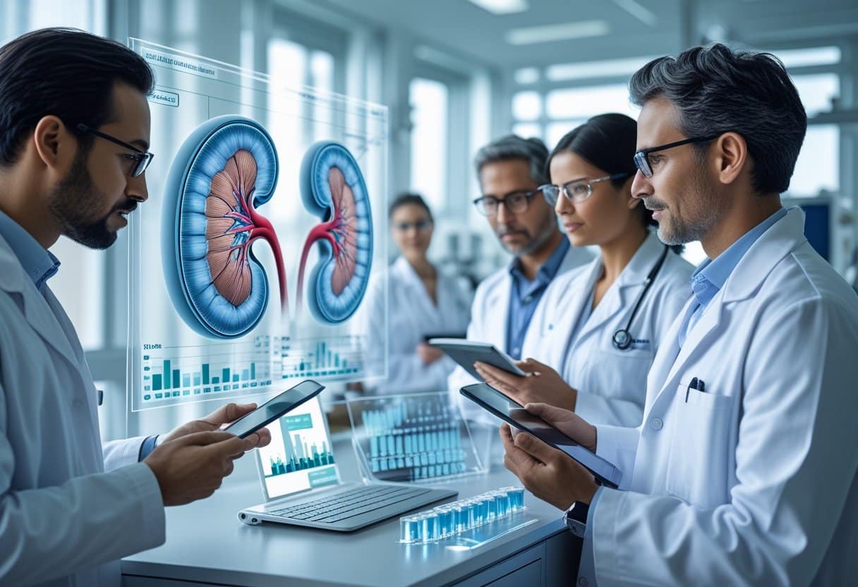Healthcare professionals examining 3D digital images of kidneys and data charts in a modern medical laboratory.