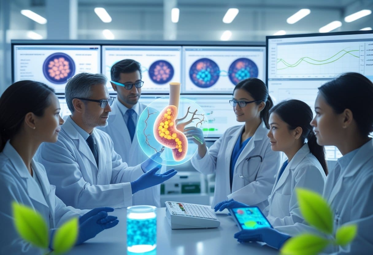 Healthcare professionals in a modern lab examining digital displays and a glowing 3D hologram of a pancreas showing inflammation reduction.
