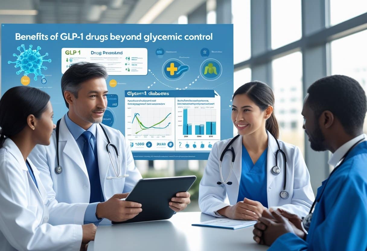 Healthcare professionals discussing advanced diabetes treatments in a bright, modern clinic with medical data visuals in the background.
