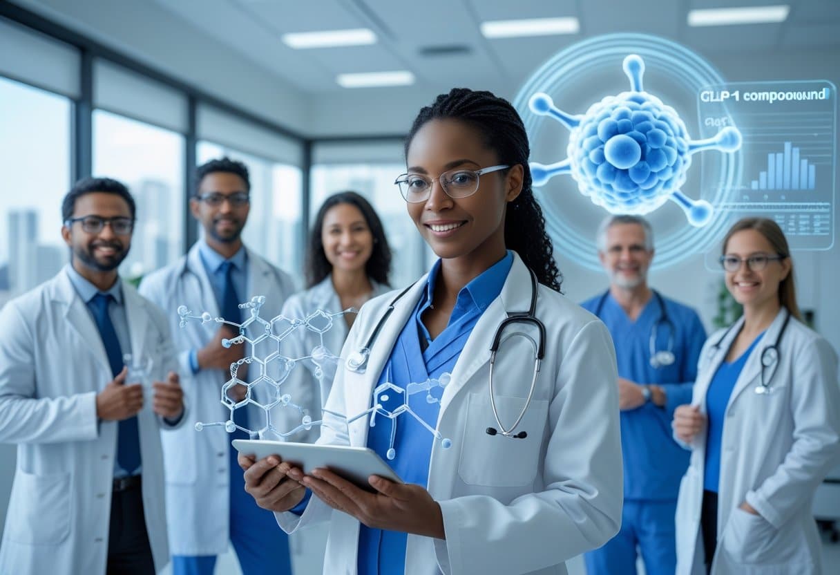 A group of medical professionals in a clinical setting examining molecular models and data related to diabetes prevention.