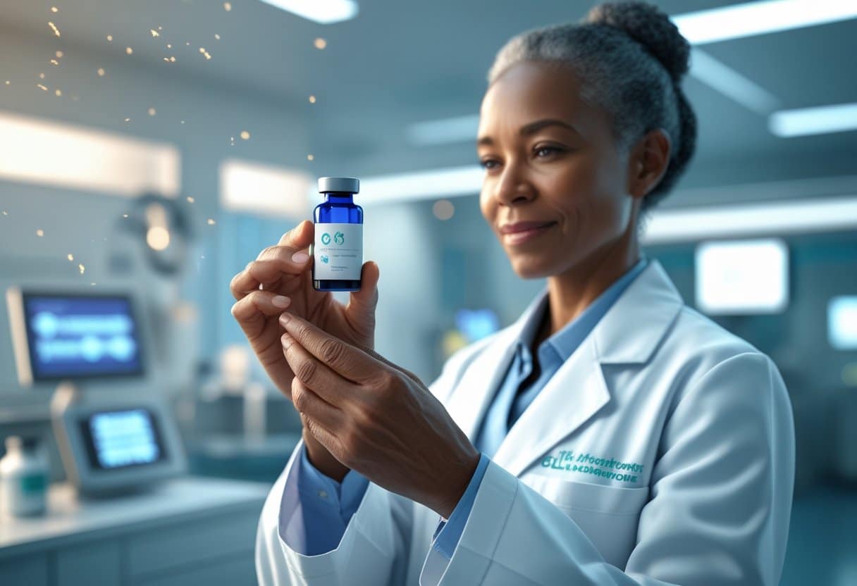 A doctor in a white lab coat holding a medical vial in a modern clinic, surrounded by advanced medical equipment.