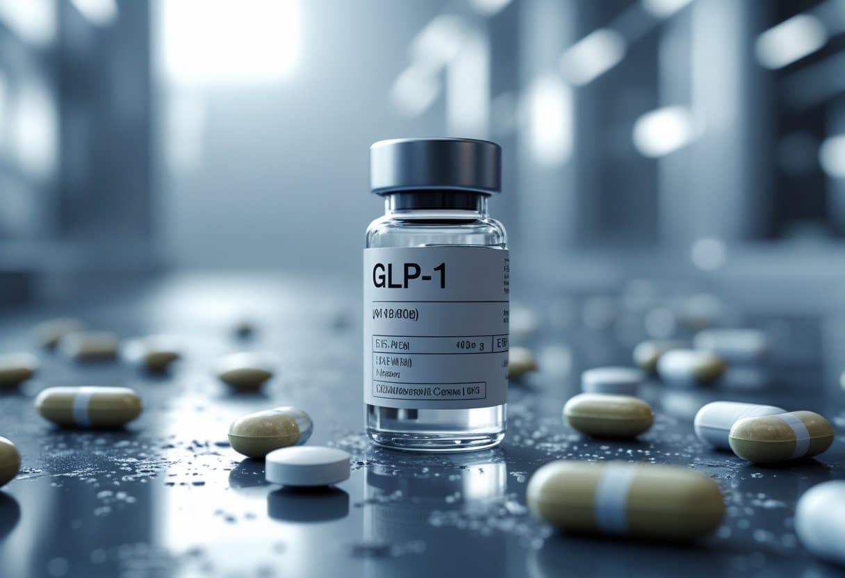 Close-up of a glass vial and scattered capsules on a reflective surface in a modern laboratory setting.