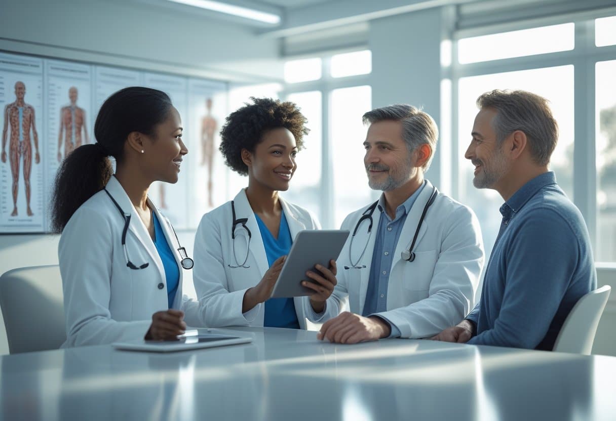 Three adults in a modern medical consultation room discussing health, with a healthcare professional showing information on a tablet to two patients.