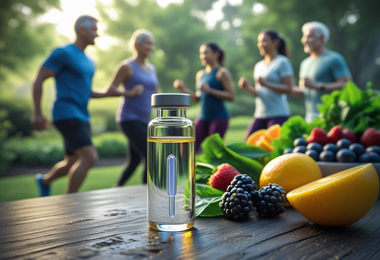 A close-up of a glass vial with glowing liquid on a wooden table surrounded by fresh fruits and vegetables, with healthy adults outdoors in the background.